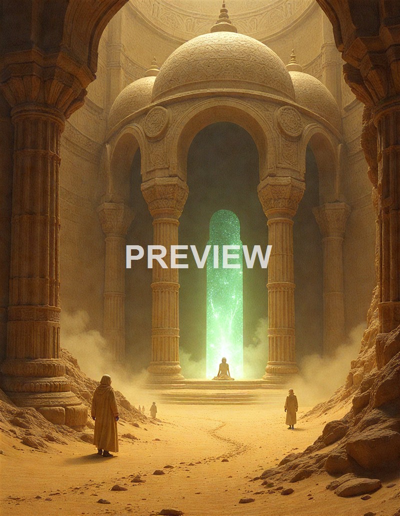 The image depicts a grand, ancient-looking hall with large, ornate columns and domed ceilings, featuring a glowing green portal at the center with a seated figure in front of it, surrounded by a sandy, desert-like environment with a few people walking towards the portal.